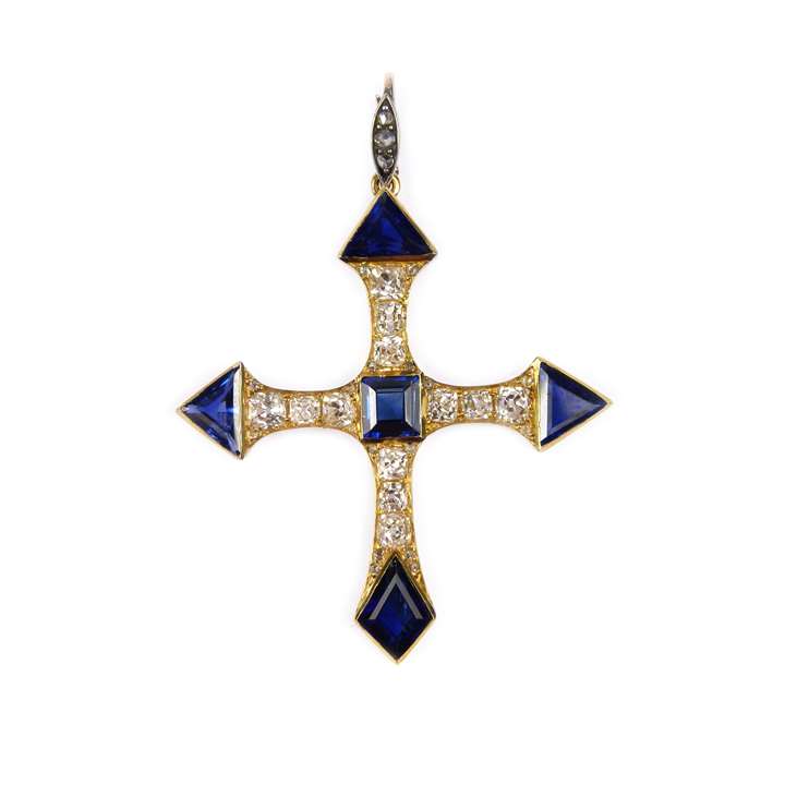 Antique fancy cut sapphire and diamond cross pendant